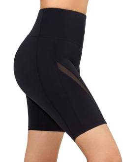 Yvette Damen Kurze Leggings Mesh High Waist Radlerhose Blickdicht Scrunch Sporthose Fitness Sommer, Schwarz, L von Yvette