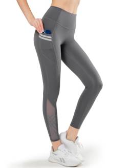 Yvette Damen Sport Leggings mit Tasche, high Waist Sporthose mit Mesh unter, Grau, M von Yvette