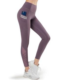 Yvette Damen Sport Leggings mit Tasche, high Waist Sporthose mit Mesh unter, Lila, M von Yvette