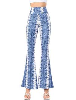 Yvette Glockenhose für Damen, Spitze, hohe Taille, ausgestellte Leggings, Schwarz, sexy Disco, 70er Jahre, Blaue Cashew Blumen + Weiß, S von Yvette