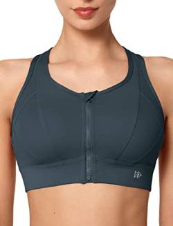 Yvette High Impact Zip Front Sport-BH Mesh Racerback Workout High Support Sport-BHs für Frauen Große Brüste, navy, L von Yvette