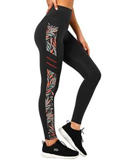 Yvette Printed Damen Sport Leggings mit Taschen, high Waist Blickdicht Gym Sporthose, Orange/Print,3XL von Yvette