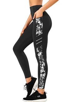 Yvette Printed Damen Sport Leggings mit Taschen, high Waist Blickdicht Gym Sporthose, Weiß Printed, XL von Yvette