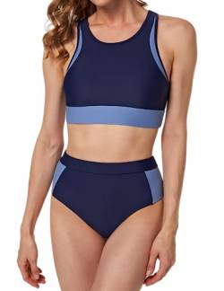 Yvette Sportliches Damen-Bikini-Set, hohe Taille, zweiteiliger Badeanzug, Farbblock, Racerback, bescheidene Badeanzüge, Marineblau, XL von Yvette