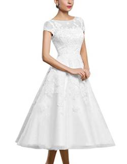 Vintage Brautkleider A-Linie Prinzessin Hochzeitskleider Wadenlang Spitze Appliques Brautkleid Kurzarm Weiß 42 von Yyoung