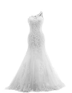 Yyoung Brautkleider Lang Spitze Meerjungfrau Hochzeitskleid One-Shoulder Brautkleid Rückenfrei Elegante Hochzeitskleider Weiß 34 von Yyoung