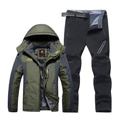 Männer Ski Jacke Ski Hosen, Mode Mens Plus Size Plüsch und Verdicken Kapuze Ski Mantel Hose Ski Anzug, Outdoor Sport 2-teiliges Set, zum Skifahren und Winter Outdoor Aktivitäten ( Color : B army green von Yytcsjz