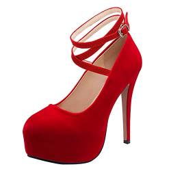 Yyyuluo Damen Plateau Heels - Damen Wildleder Sexy Kreuz Knöchelriemen Hoher Absatz Mary Jane Stiletto Pumps Schnalle Runde Zehen High Heels Mode Braut Partykleid Schuhe Rot 38EU von Yyyuluo