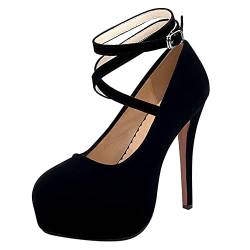 Yyyuluo Damen Plateau Heels - Damen Wildleder Sexy Kreuz Knöchelriemen Hoher Absatz Mary Jane Stiletto Pumps Schnalle Runde Zehen High Heels Mode Braut Partykleid Schuhe Schwarz 37EU von Yyyuluo