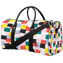 Bunte Geometrie Reisetasche für Männer Frauen Abstrakte Quadrate Übernachtung Weekender Tasche Faltbare Reise Duffel Bag Große Sport Turnbeutel Wasserdichte Gepäck Tragetasche Reißfest, Mehrfarbig, von Yzrwebo