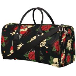 Skull Rose Travel Duffle Bag for Men Women Love Heart Sword Overnight Weekender Bag Foldable Travel Duffel Bag Large Sports Gym Bag Waterproof Luggage Tote Bag Tear Resistant, Mehrfarbig, 17.4 x 8.3 x von Yzrwebo
