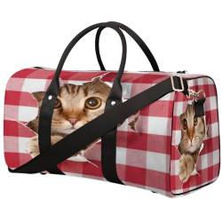 Süße Katze Reisetasche für Männer Frauen Kariert Plaid Übernachtung Weekender Tasche Faltbare Reise Duffel Bag Große Sport Gym Bag Wasserdichte Gepäck Tragetasche Reißfest, Mehrfarbig, 17.4 x 8.3 x von Yzrwebo