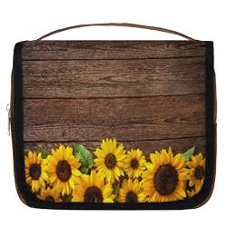 Yzrwebo Sonnenblume h?ngende Reise-Kulturbeutel f¨¹r Frauen, Vintage-Holzmaserung, tragbare Reise-Make-up-Tasche, wasserabweisende Reisetasche und Organizer, Kosmetik-Zubeh?r, Mehrfarbig/Meereswellen von Yzrwebo