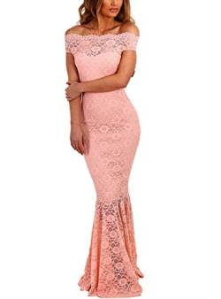 Z-one Damen 1950er Retro Fishtail Büro Cocktail Kleid Meerjungfrau Aus Schulter Spitze Maxi Kleider (XL, Pink) von Z-one