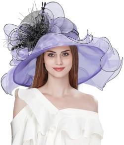 Z&X Kentucky Derby Kirchenhut für Damen, Organza-Blume, breite Krempe, Fascinator, Hüte für Hochzeit, Teeparty, Doppelnutzung - Violett - Einheitsgröße von Z&X