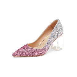 Damen High Chunky Heel Kleid Pumps Schuhe Glitzernd Spitze Geschlossene Zehen Block Clear Heels für Frauen, pink-silber, 37 EU von Z.Oufeier