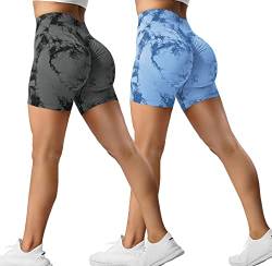 ZAAYO 2er-Pack Sport Short Damen Butt Scrunch Kurze Sporthose Laufhose Hohe Taille Kurze Hosen Butt Lift Booty Nahtlos Fitness Tie Dye Gym Shorts Black Grey-Light Blue Medium von ZAAYO