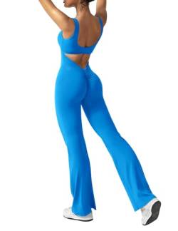ZAAYO Damen Flared Jumpsuit Tight Scrunch Butt Overalls Lang Ärmelloser Sport rückenfrei Jumpsuit Yoga Bodycon Einteiler Ganzkörperanzug Stretch Elegant Jumpsuits Blau Large von ZAAYO