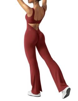 ZAAYO Damen Flared Jumpsuit Tight Scrunch Butt Overalls Lang Ärmelloser Sport rückenfrei Jumpsuit Yoga Bodycon Einteiler Ganzkörperanzug Stretch Elegant Jumpsuits Burgundy Small von ZAAYO