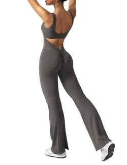 ZAAYO Damen Flared Jumpsuit Tight Scrunch Butt Overalls Lang Ärmelloser Sport rückenfrei Jumpsuit Yoga Bodycon Einteiler Ganzkörperanzug Stretch Elegant Jumpsuits Dunkelgrau Medium von ZAAYO