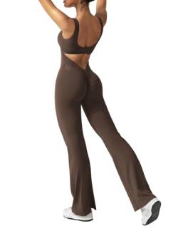 ZAAYO Damen Flared Jumpsuit Tight Scrunch Butt Overalls Lang Ärmelloser Sport rückenfrei Jumpsuit Yoga Bodycon Einteiler Ganzkörperanzug Stretch Elegant Jumpsuits Kaffee Medium von ZAAYO