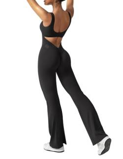 ZAAYO Damen Flared Jumpsuit Tight Scrunch Butt Overalls Lang Ärmelloser Sport rückenfrei Jumpsuit Yoga Bodycon Einteiler Ganzkörperanzug Stretch Elegant Jumpsuits Schwarz Large von ZAAYO