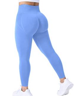 ZAAYO Damen Gym Leggings Sport Booty Scrunch Butt High Waist Seamless Yoga Hosen, Hellblau L von ZAAYO