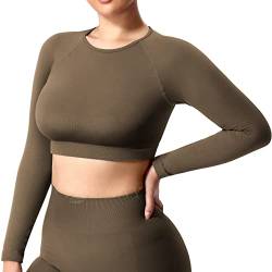 ZAAYO Damen Langarmshirt Sport Laufshirt Sportoberteil Longsleeve Running Crop Top Training Baselayer, Braun XL von ZAAYO