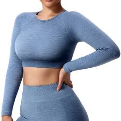 ZAAYO Damen Langarmshirt Sport Laufshirt Sportoberteil Longsleeve Running Crop Top Training Baselayer, Grau Blau XL von ZAAYO