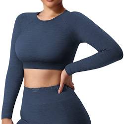 ZAAYO Damen Langarmshirt Sport Laufshirt Sportoberteil Longsleeve Running Crop Top Training Baselayer, Marine M von ZAAYO