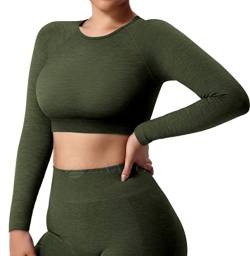 ZAAYO Damen Langarmshirt Sport Laufshirt Sportoberteil Longsleeve Running Crop Top Training Baselayer Light Green Armeegrün L von ZAAYO