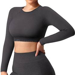 ZAAYO Damen Langarmshirt Sport Laufshirt Sportoberteil Longsleeve Running Crop Top Training Baselayer Light Green Dunkelgrau XL von ZAAYO