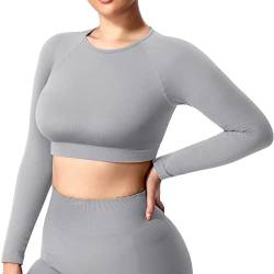 ZAAYO Damen Langarmshirt Sport Laufshirt Sportoberteil Longsleeve Running Crop Top Training Baselayer Light Green Hellgrau L von ZAAYO