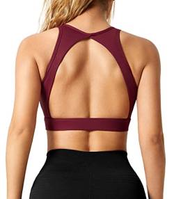 ZAAYO Damen Sport BH Nahtloser mit Polstern Leichtes Backless Joggen Yoga Jumping Fitness Bra Burgunderrot Large von ZAAYO