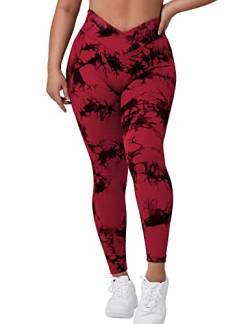 ZAAYO Damen Sport Leggings V-Taille Tie Dye Scrunch Butt Booty Slim Fit Seamless Fitness Gym Pants Workout Sporthose Yoga Hose Rot Large von ZAAYO