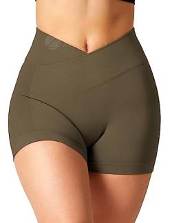 ZAAYO Damen Sport Shorts V Waist Shorts 3.5" High Waist Workout Booty Scrunch V Cross Shorts Biker Gym Kurze Hosen für Sommer Yoga Fitness Lauf Coffee Medium von ZAAYO