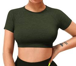ZAAYO Damen Sport T Shirt Gym Top Slim Basic Summer Crop Kurzarm Frauen Sportoberteil Armeegrün L von ZAAYO
