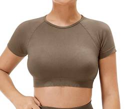 ZAAYO Damen Sport T Shirt Gym Top Slim Basic Summer Crop Kurzarm Frauen Sportoberteil Braun XL von ZAAYO