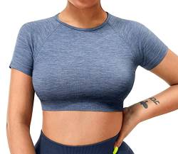 ZAAYO Damen Sport T Shirt Gym Top Slim Basic Summer Crop Kurzarm Frauen Sportoberteil Grau Blau L von ZAAYO