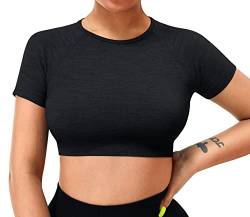 ZAAYO Damen Sport T Shirt Gym Top Slim Basic Summer Crop Kurzarm Frauen Sportoberteil Schwarz S von ZAAYO