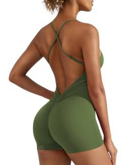 ZAAYO Damen Workout Jumpsuits Shorts Sexy Backless Gym Bodycon Scrunch Butt Yoga Bodycon One Piece Full Body Suit Stretch Elegant Jumpsuits Green Large von ZAAYO