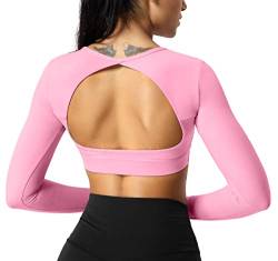 ZAAYO Sport Langarmshirts Damen Backless Long Sleeved Halter Crop Tops Highly Stretchy Fitness Stitching Langarmshirts Candy Powder X-Small von ZAAYO