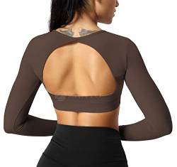 ZAAYO Sport Langarmshirts Damen Backless Long Sleeved Halter Crop Tops Highly Stretchy Fitness Stitching Langarmshirts Coffee Large von ZAAYO