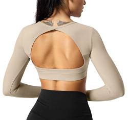 ZAAYO Sport Langarmshirts Damen Backless Long Sleeved Halter Crop Tops Highly Stretchy Fitness Stitching Langarmshirts Milk Large von ZAAYO