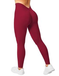 ZAAYO Sport Leggings Damen V Rücken Scrunch Butt Leggings High Waist Gym Sporthose Crossback für Sport Gym Fitness Weinrot Small von ZAAYO