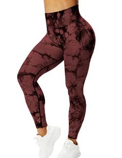 ZAAYO Sport Leggings für Damen Tie Dye Scrunch Butt Booty Slim Fit Seamless Yoga Pants Fitness Gym Workout Rot Braun L von ZAAYO