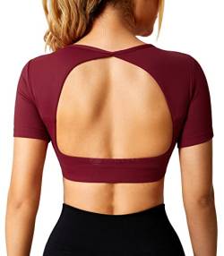 ZAAYO Sport Shirt Damen Backless Short Sleeved Halter Crop Top Highly Stretchy Fitness Stitching Shirts Burgunderrot X-Small von ZAAYO