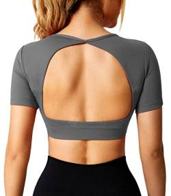 ZAAYO Sport Shirt Damen Backless Short Sleeved Halter Crop Top Highly Stretchy Fitness Stitching Shirts Dunkelgrau Large von ZAAYO