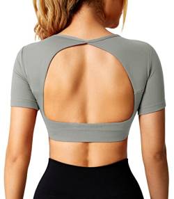 ZAAYO Sport Shirt Damen Backless Short Sleeved Halter Crop Top Highly Stretchy Fitness Stitching Shirts Hellgrau Large von ZAAYO