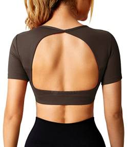 ZAAYO Sport Shirt Damen Backless Short Sleeved Halter Crop Top Highly Stretchy Fitness Stitching Shirts Kaffee Large von ZAAYO